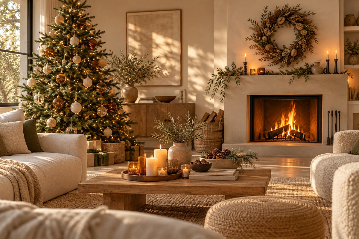 Salon décoré pour Noël avec sapin, couronne et cheminée allumée