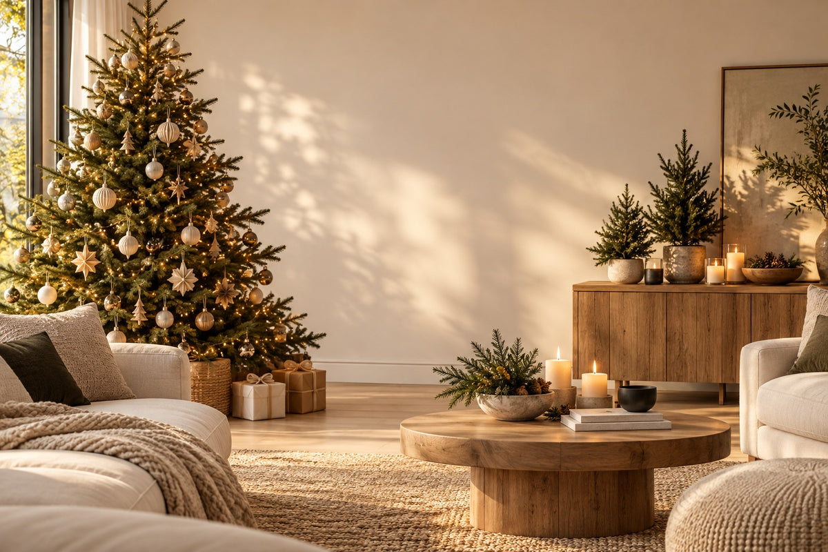 Sapin décoré et petits sapins en pot dans un salon crème