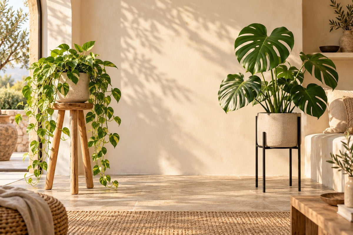 Support en bois avec plante retombante et support en métal noir avec monstera