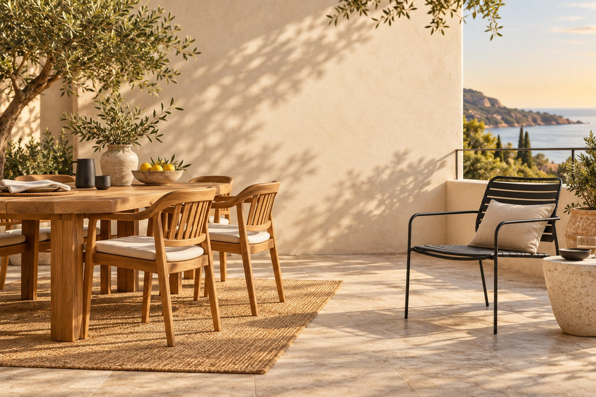Chaises de jardin en teck autour d'une table et chaise en métal noir sur une terrasse