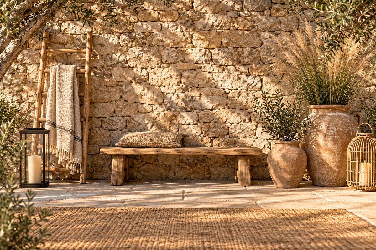 Terrasse en pierre avec lanternes, échelle en bois et pots en terre cuite