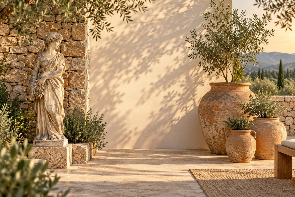 Statue de jardin en pierre et grands pots en terre cuite