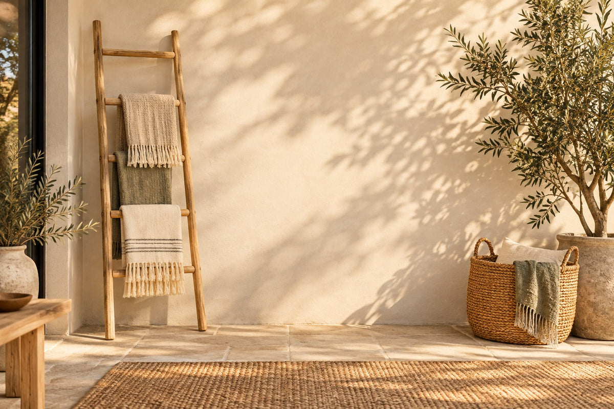 Échelle décorative en bois avec plaids et panier tressé
