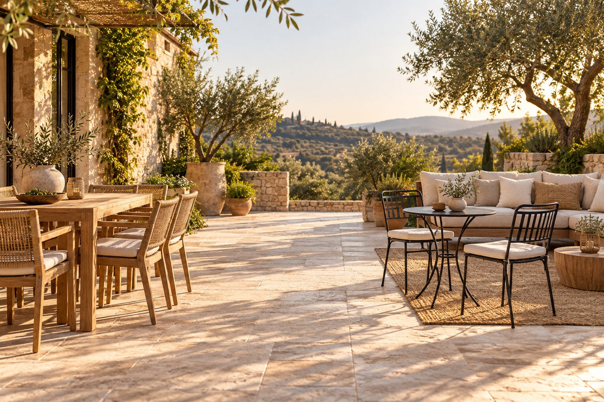 Terrasse avec table de jardin en teck, ensemble bistro et canapé d'extérieur