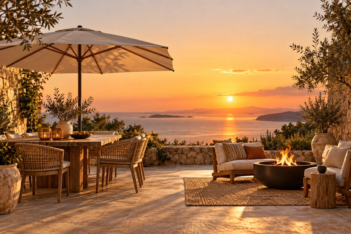 Terrasse au coucher du soleil avec parasol beige et braséro allumé