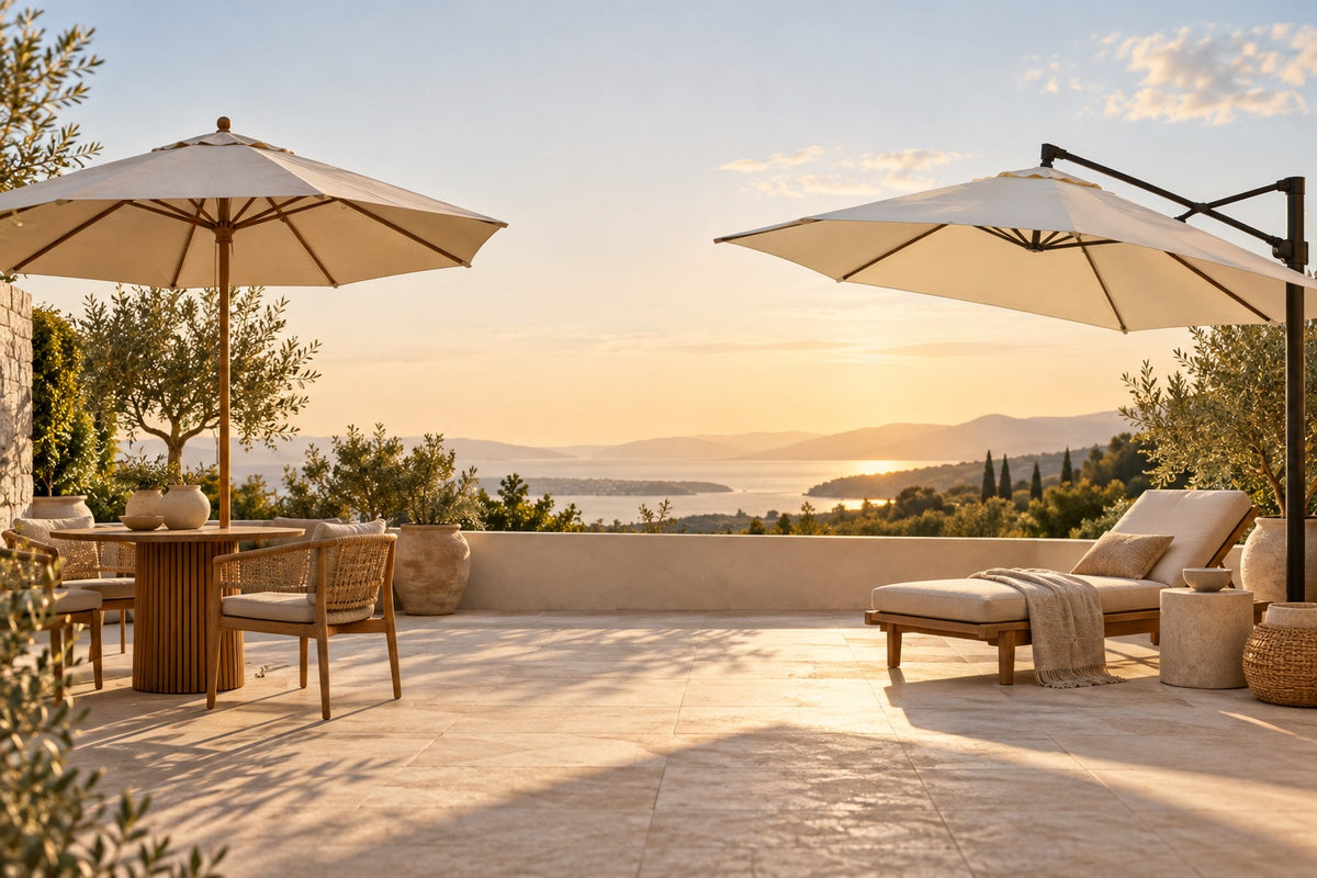 Parasol droit et parasol déporté sur une terrasse