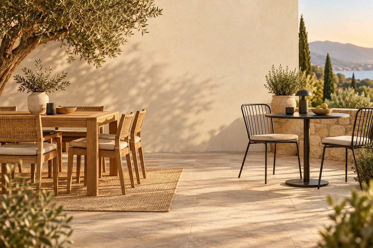 Table de jardin en teck et table bistro en métal