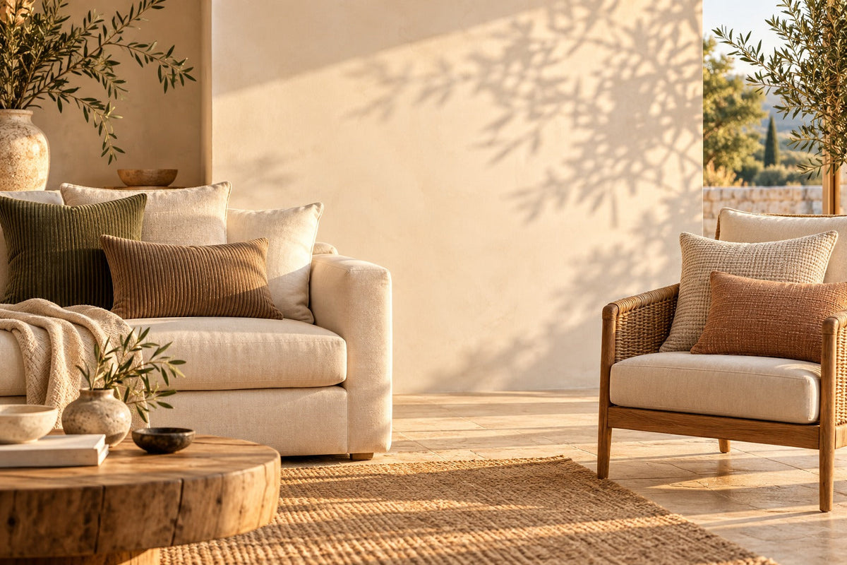 Housses de coussin en velours côtelé et tissu tissé sur un canapé et un fauteuil