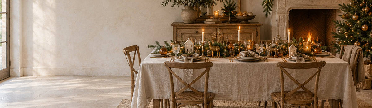 Table de fête en lin décorée de branches de sapin et de bougies devant une cheminée – Décorations de Noël J-Line