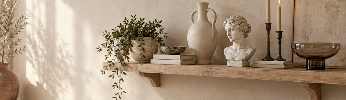 Étagère en bois clair avec buste, vase, bougeoirs et coupe en verre fumé – Objets déco J-Line