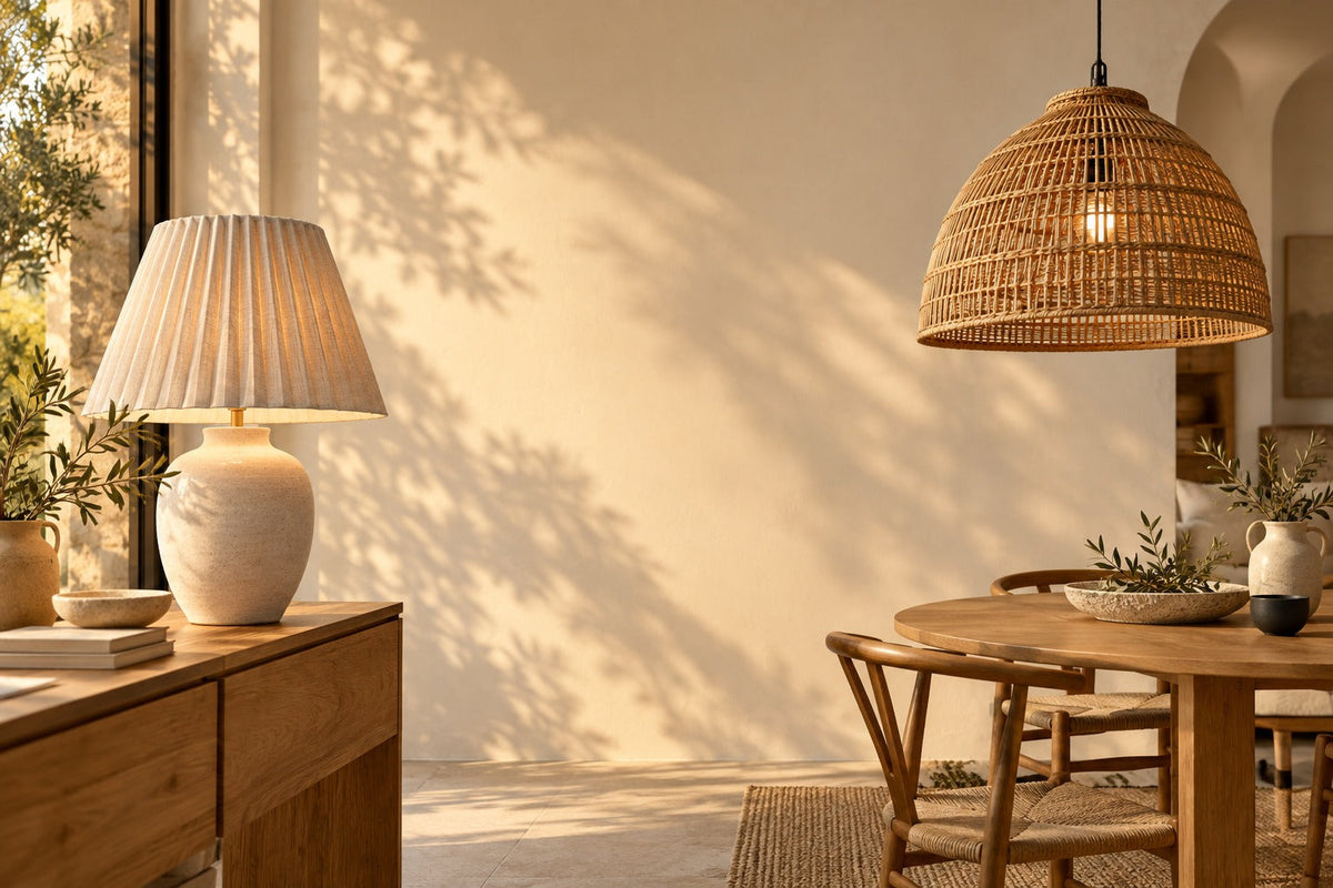 Abat-jour en lin plissé sur une lampe et suspension en rotin