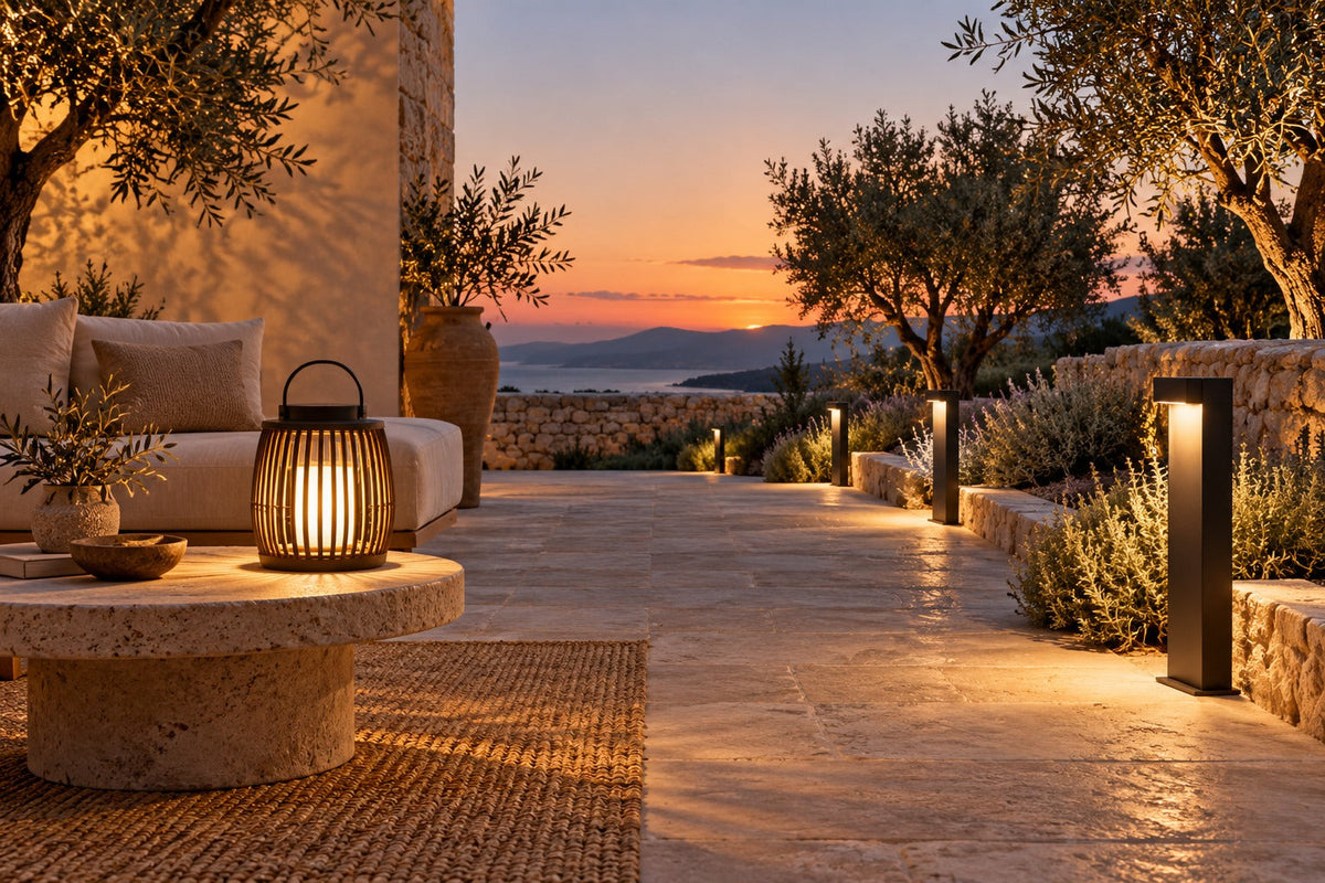 Lanterne allumée et bornes lumineuses le long d'une allée de terrasse au crépuscule
