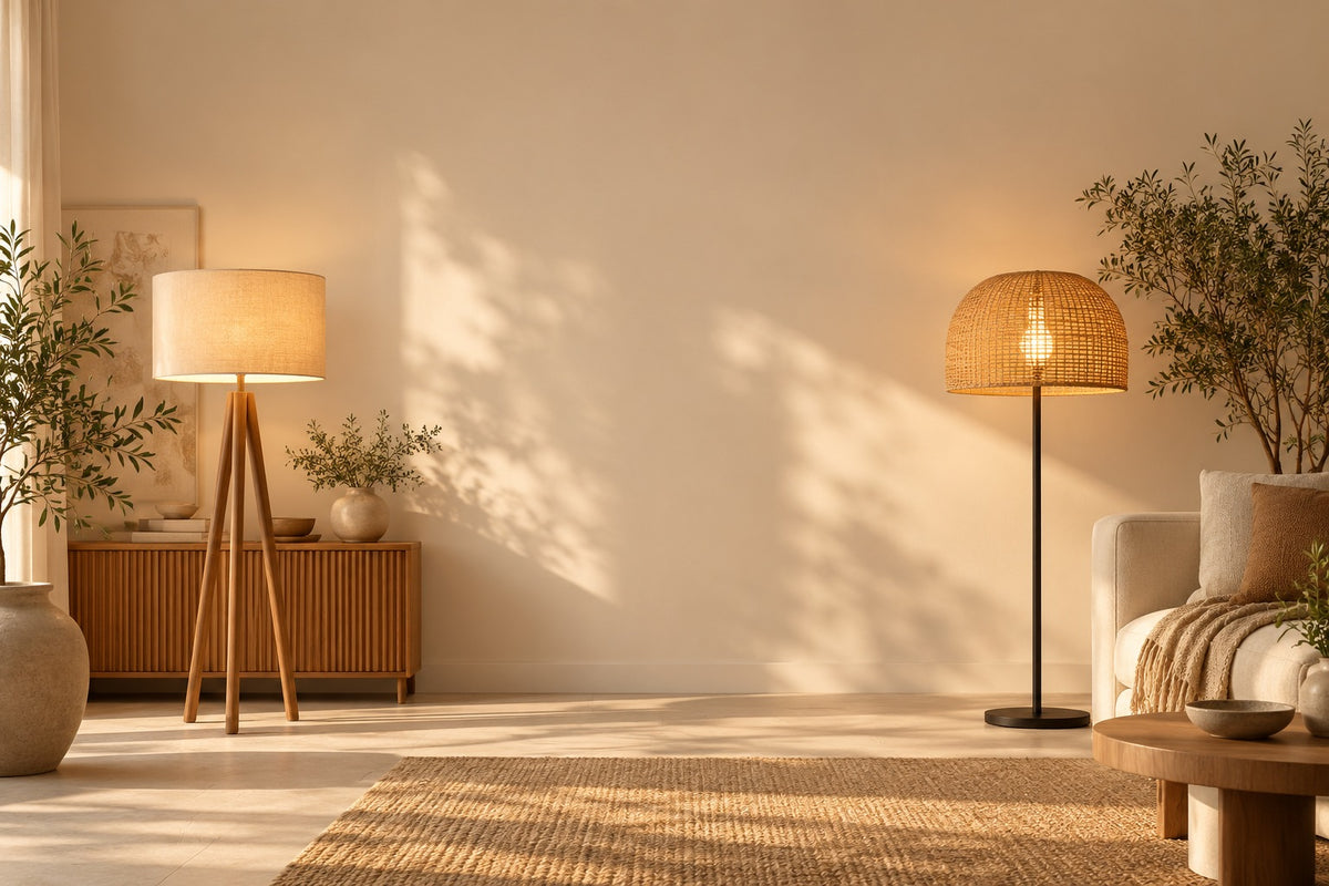 Lampadaires en bois et en rotin allumés