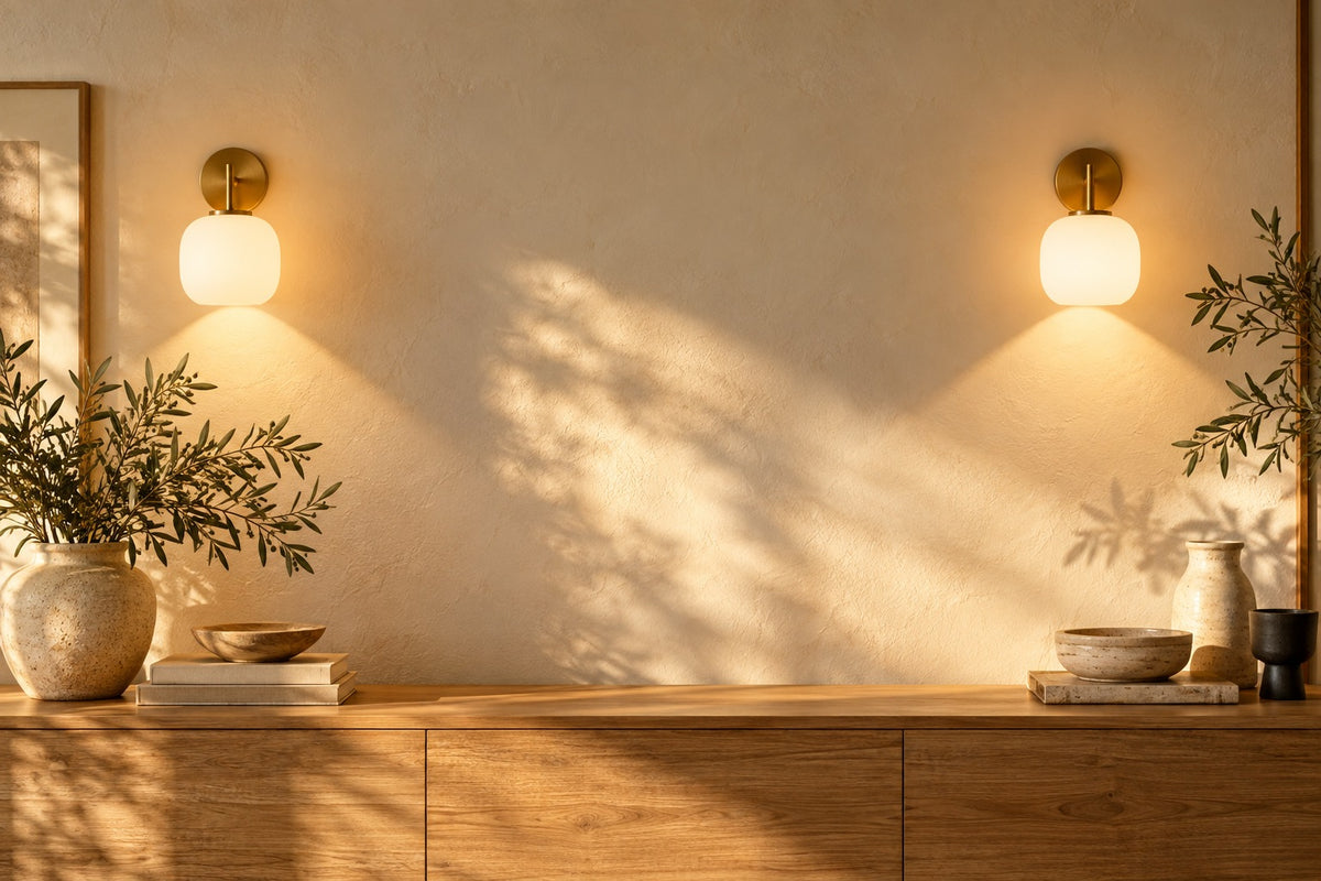 Appliques murales en laiton allumées au-dessus d'une console en bois