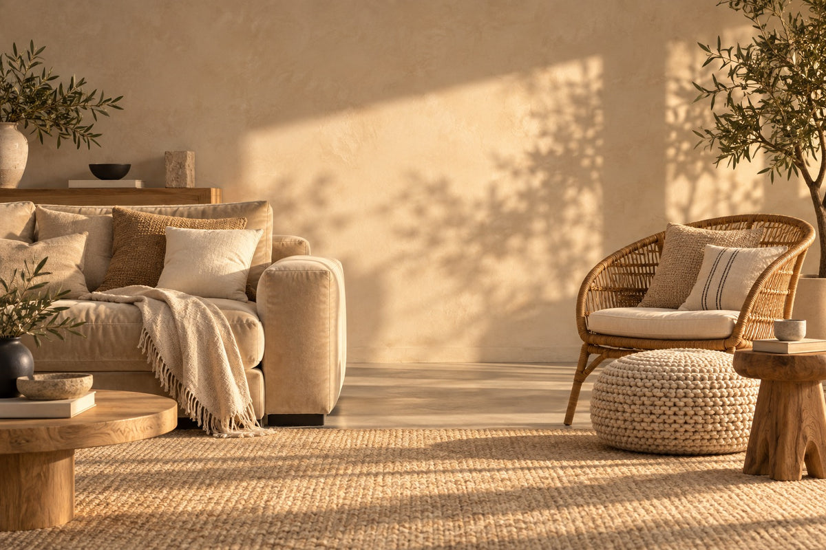 Canapé en velours beige, fauteuil en rotin et pouf tricoté