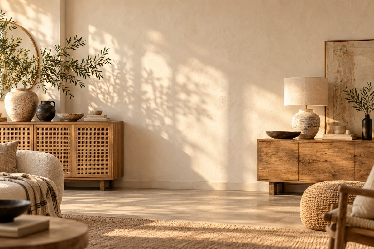 Buffet à portes cannées et buffet bas en bois