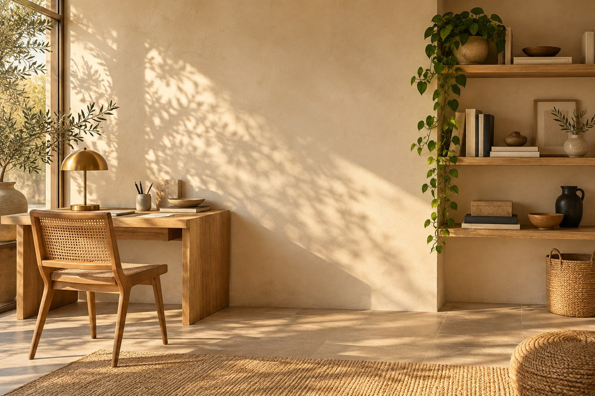 Bureau en bois clair avec lampe laiton et chaise cannée