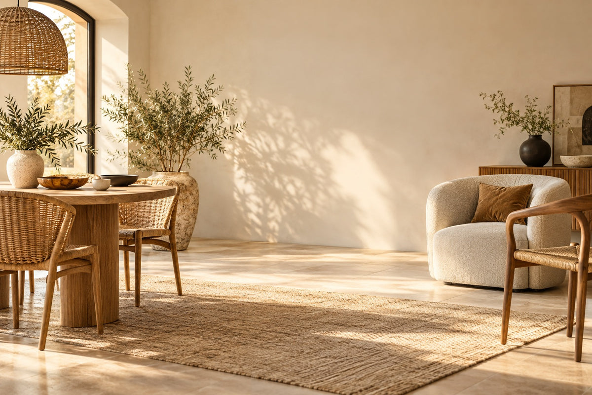 Chaises en rotin et chaises en bois autour de tables