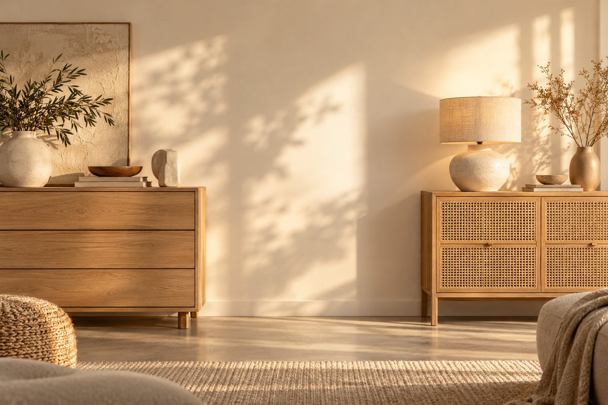 Commode en chêne et commode cannée avec lampe