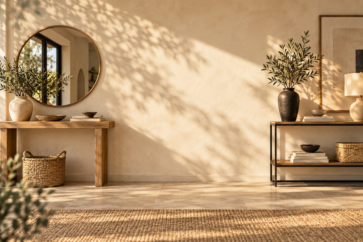 Console en chêne sous un miroir rond et console en métal noir