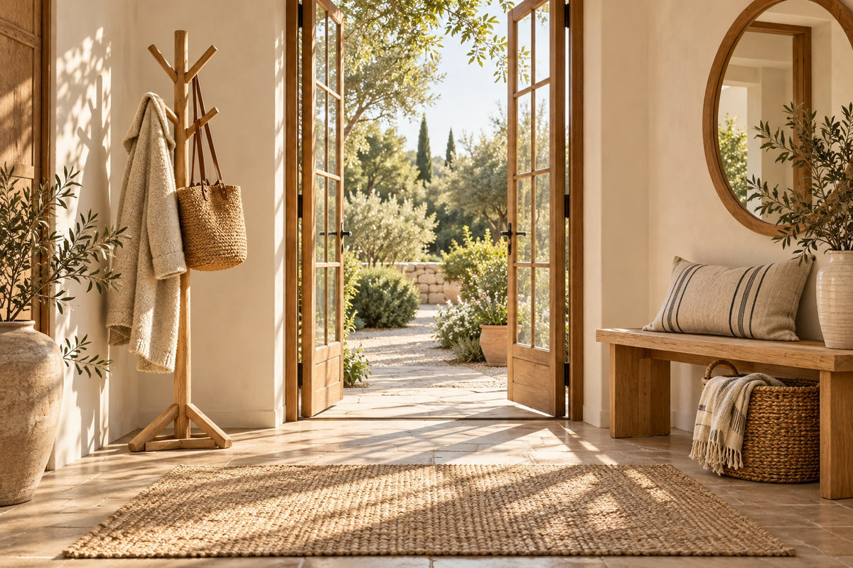 Entrée lumineuse avec porte-manteau en bois, banc, panier tressé et miroir rond