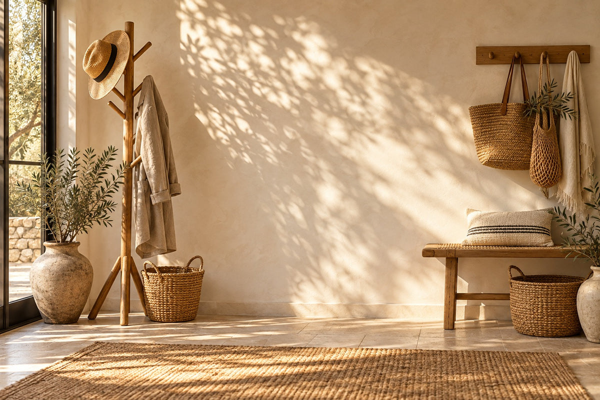 Porte-manteau sur pied en bois et patères murales dans une entrée