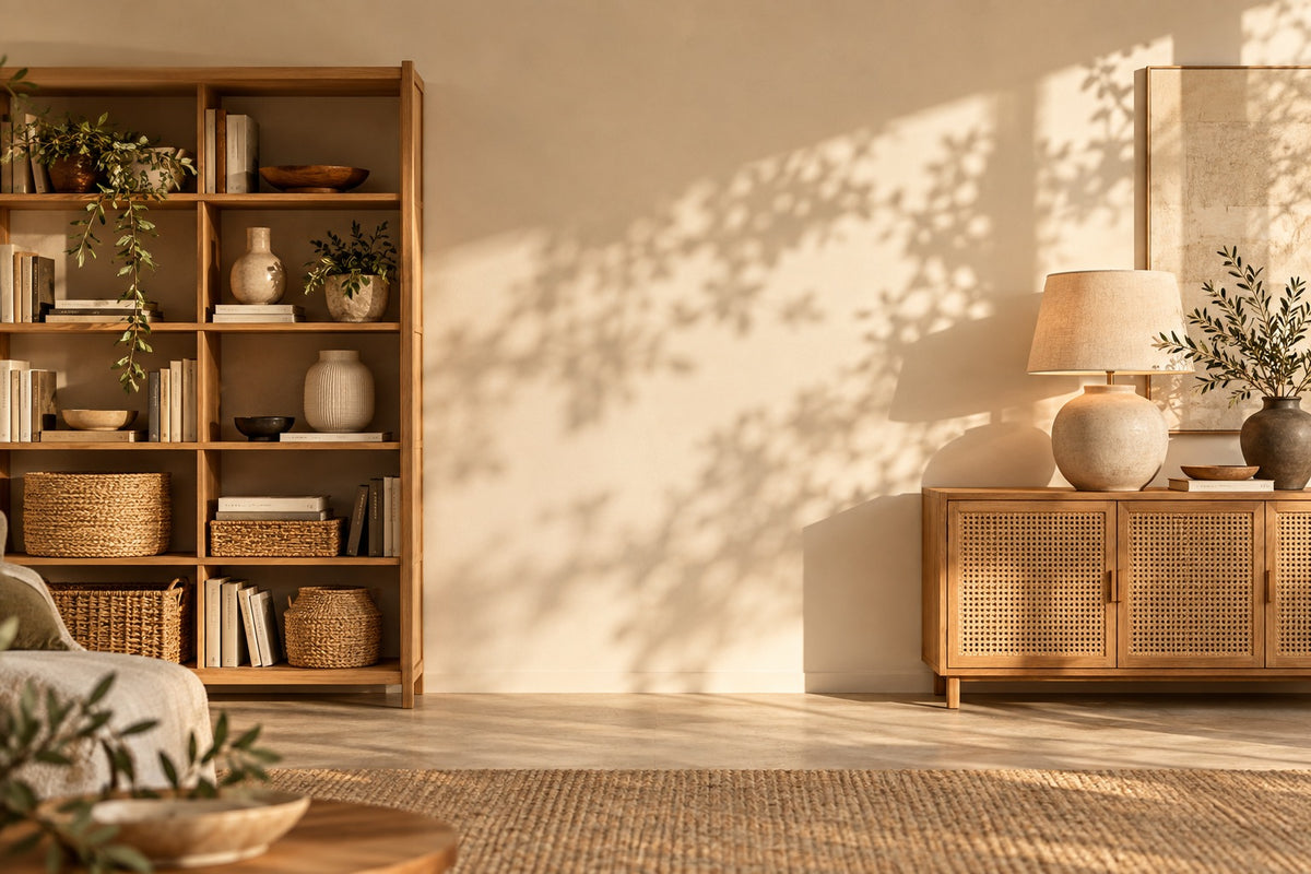 Bibliothèque en bois avec paniers et buffet à portes cannées