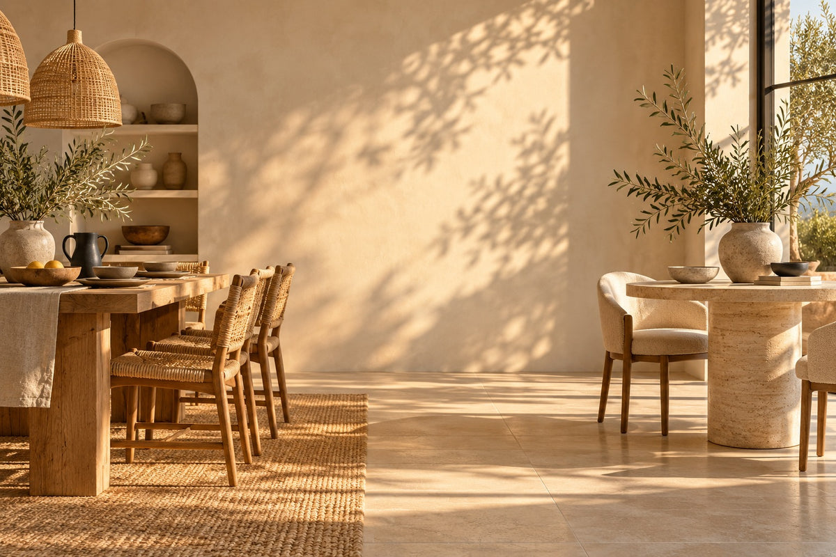 Table à manger en chêne et table ronde en travertin