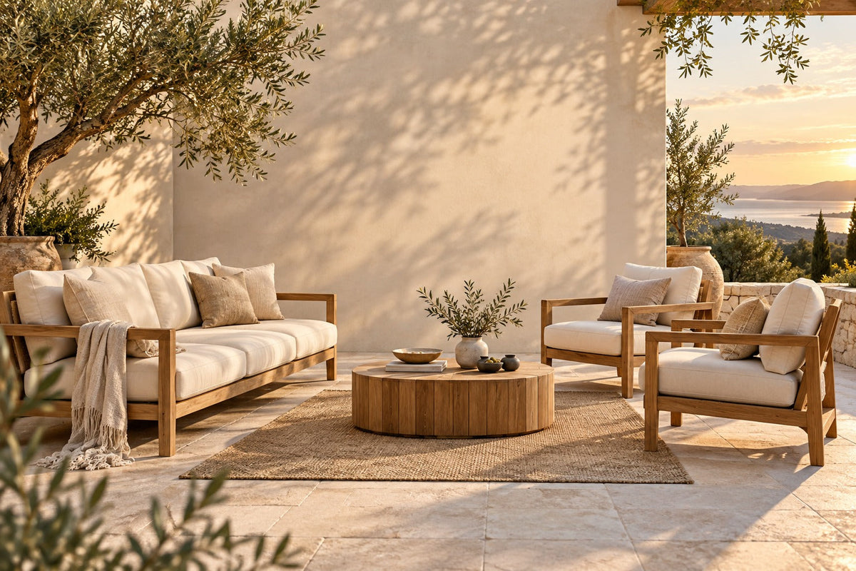 Salon de jardin en teck avec canapé, fauteuils et table basse sur une terrasse en pierre