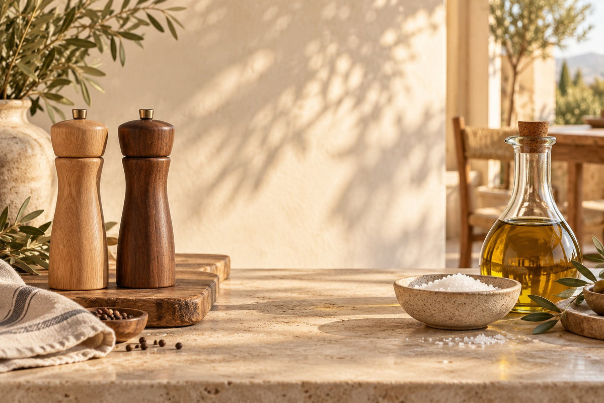 Moulins à sel et à poivre en bois, coupelle de sel et huile d'olive