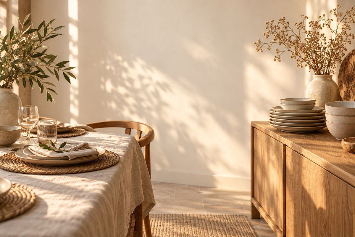 Assiettes en grès dressées sur une table et sur un buffet