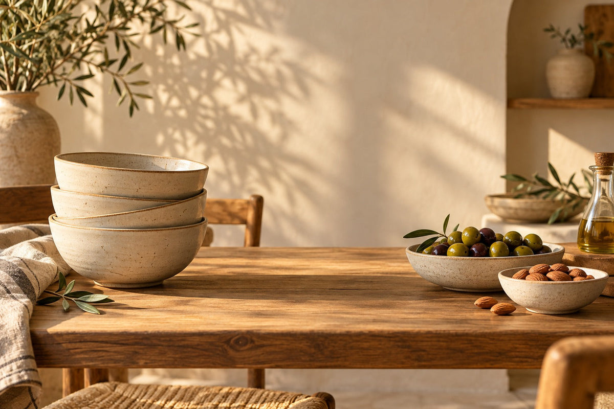 Bols en grès crème empilés et coupelles d'olives et d'amandes