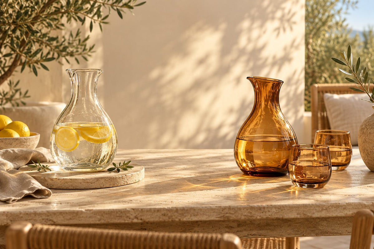 Carafe en verre avec citron et carafe ambrée avec deux verres