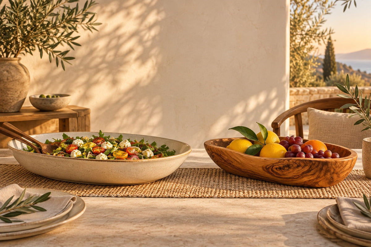 Grand plat de service en grès avec salade et plat en bois d'olivier avec fruits
