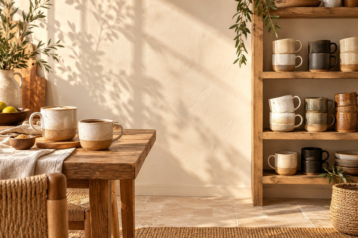 Tasses en grès artisanal sur une table et sur une étagère en bois