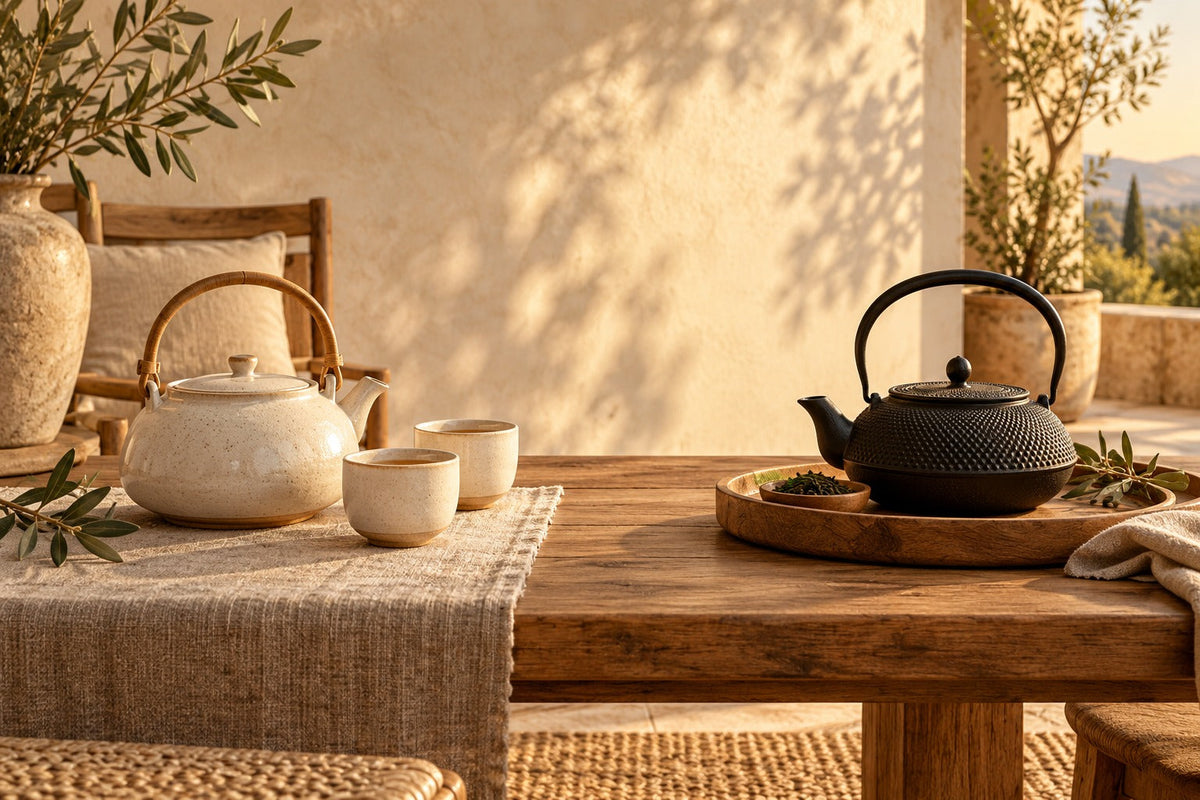 Théière en céramique crème et théière en fonte sur une table en bois