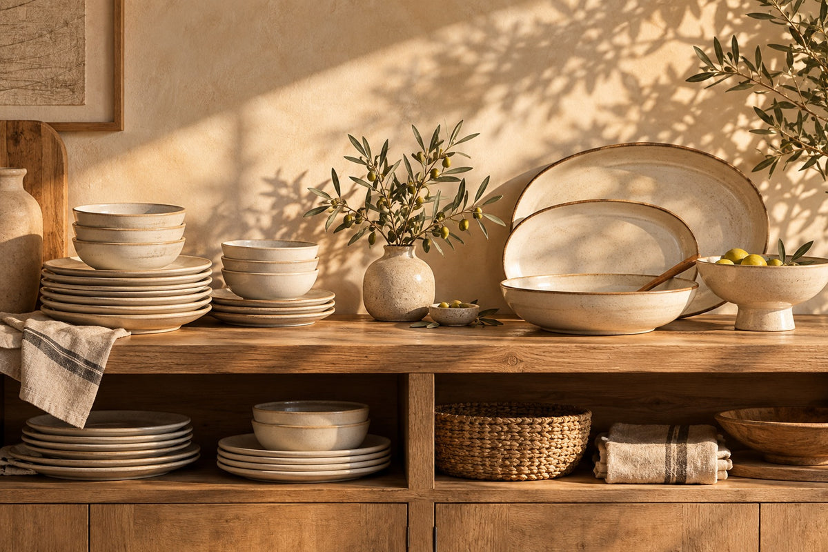 Assiettes, bols et plats en grès crème sur un buffet en bois