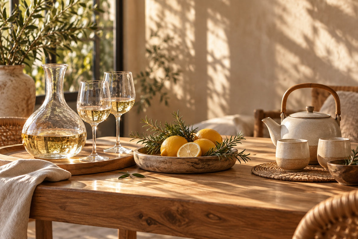 Carafe et verres à vin, théière et tasses en céramique
