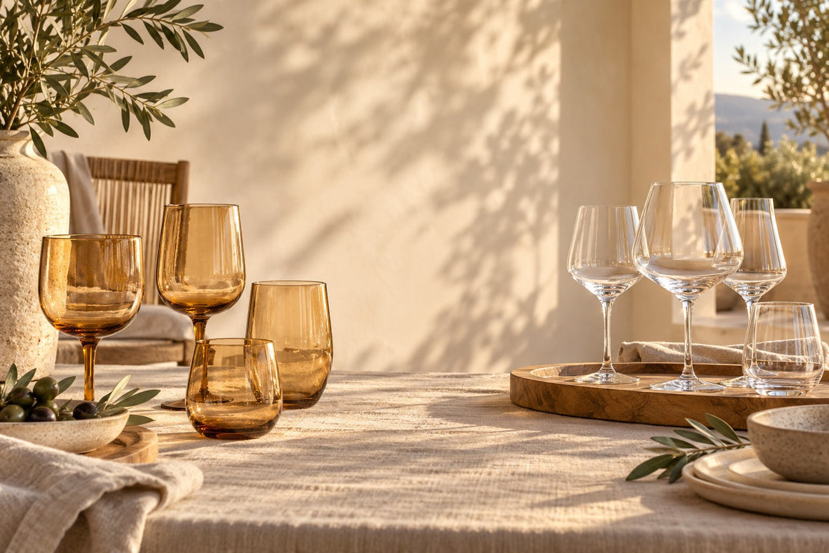 Verres ambrés et verres à vin transparents sur une nappe en lin