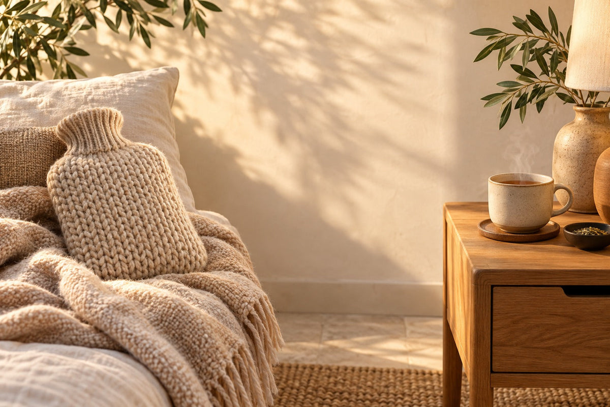 Bouillotte en housse de maille sur un plaid et tasse de thé