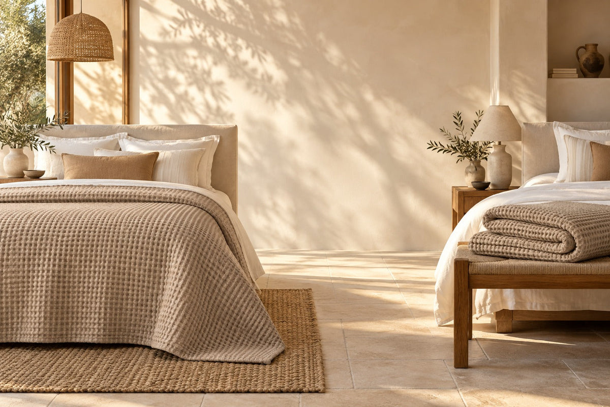 Couvre-lit gaufré couleur sable sur un lit et plié sur un banc