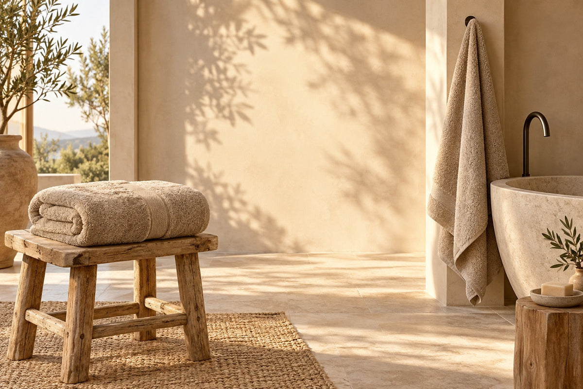 Drap de bain en éponge plié sur un tabouret en bois près d'une baignoire en pierre