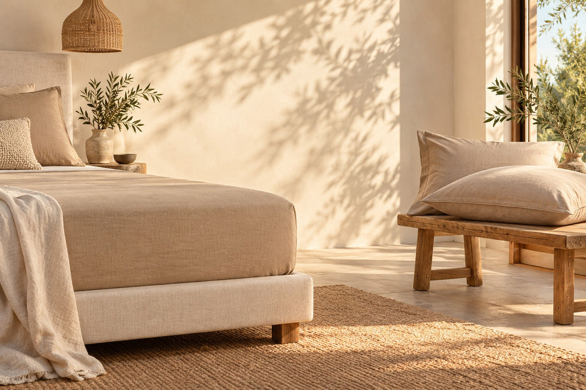 Drap-housse en lin sable tendu et oreillers assortis