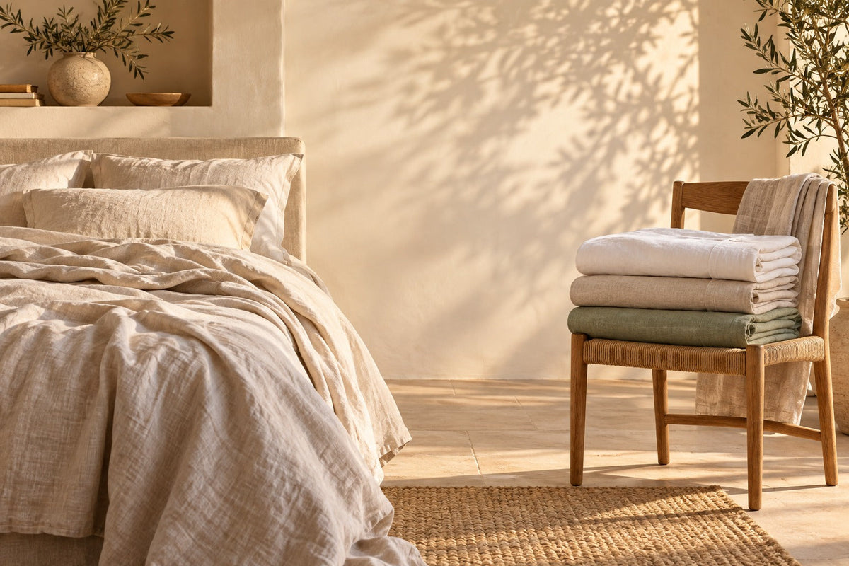 Draps en lin lavé froissés et pile de draps pliés sur une chaise