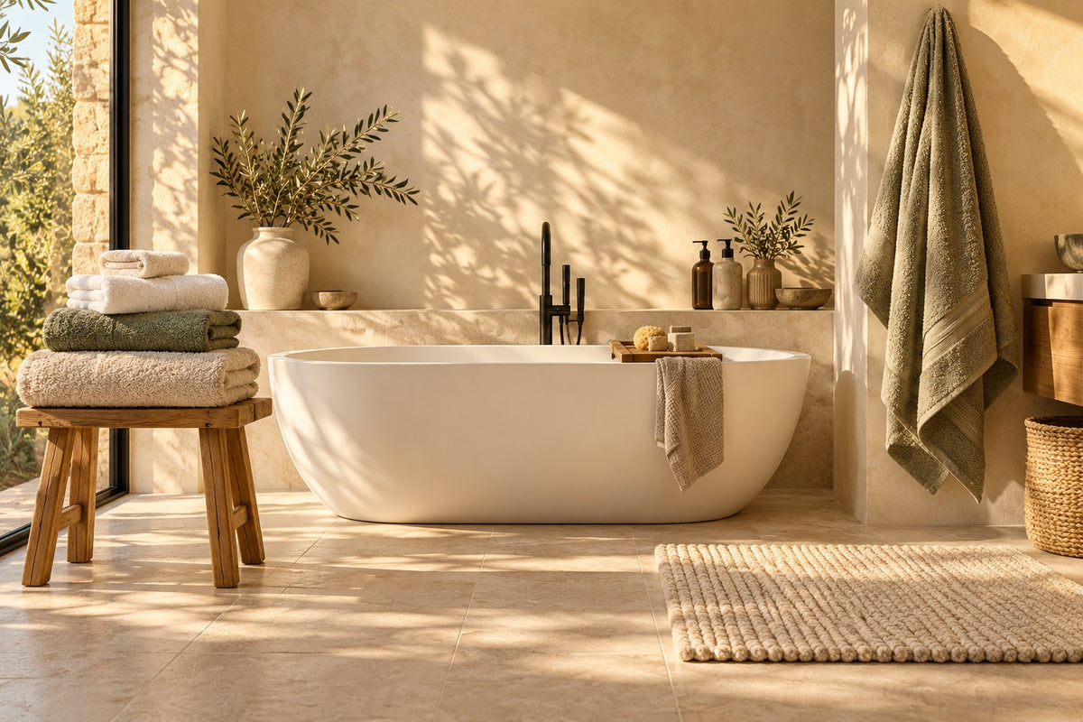 Serviettes de bain sur tabouret en bois, baignoire îlot et tapis de bain