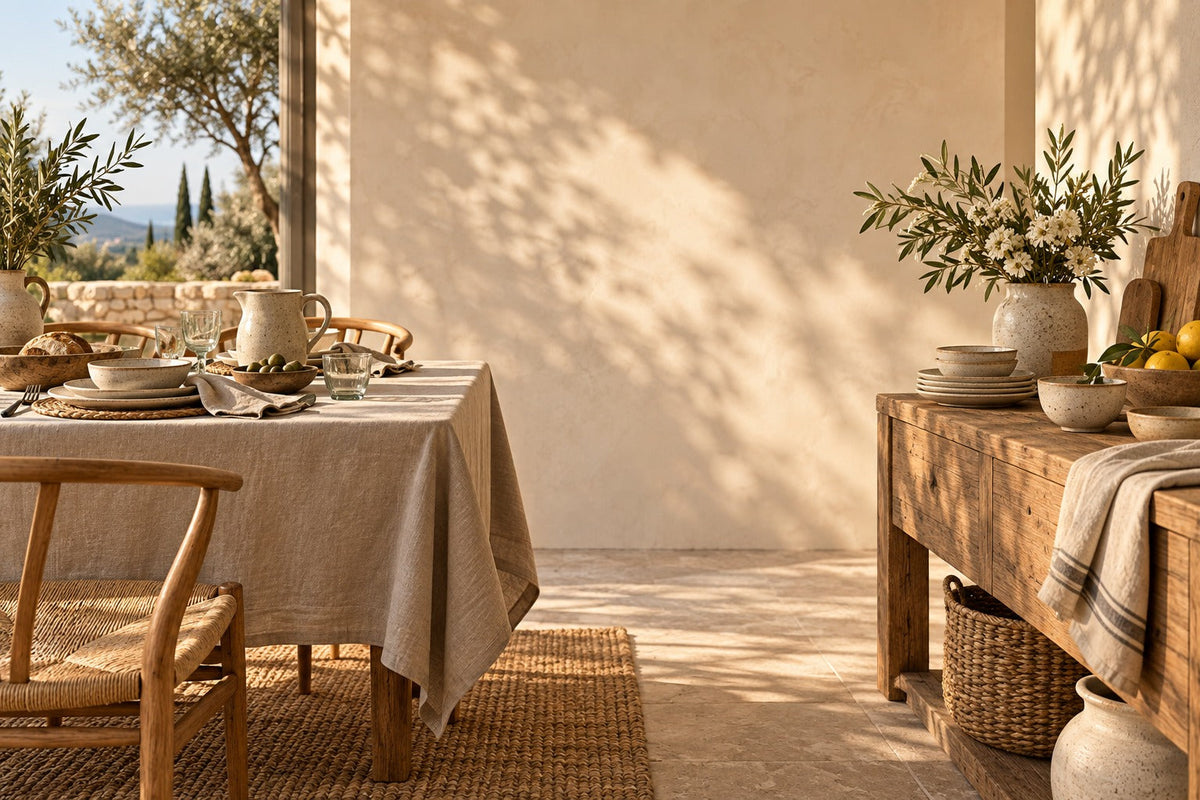 Table dressée avec nappe en lin lavé couleur sable et vaisselle en grès