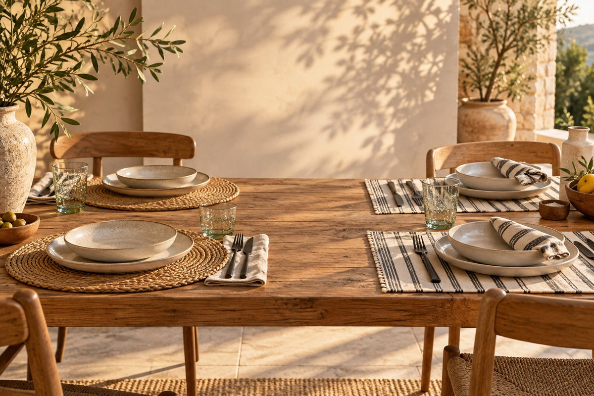 Sets de table ronds en jute tressée et sets en coton rayé sur une table en bois