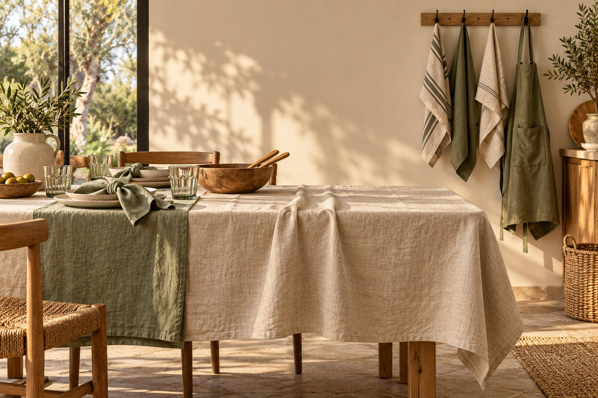 Nappe en lin, chemin de table vert sauge, torchons et tablier suspendus
