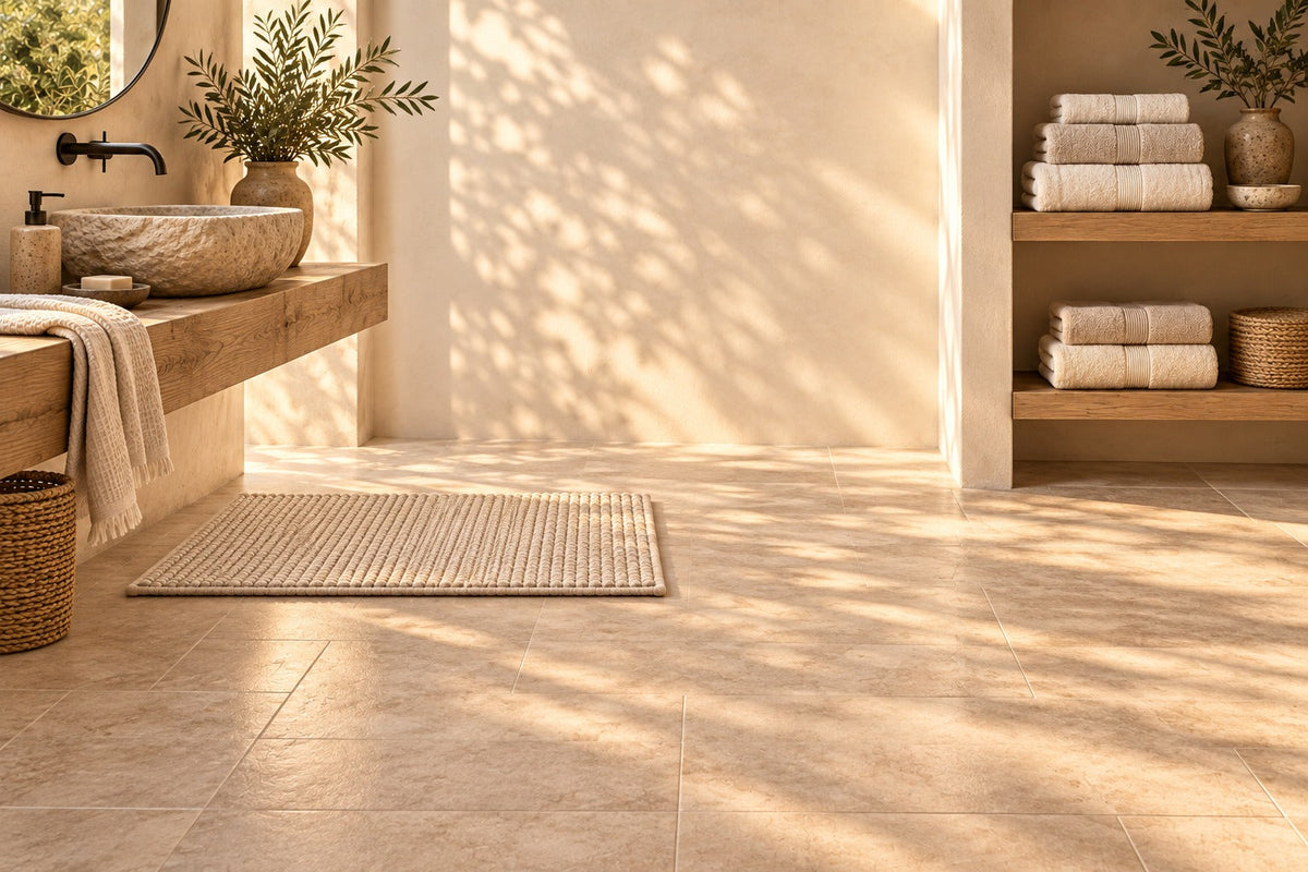 Tapis de bain en coton tissé devant une vasque en pierre