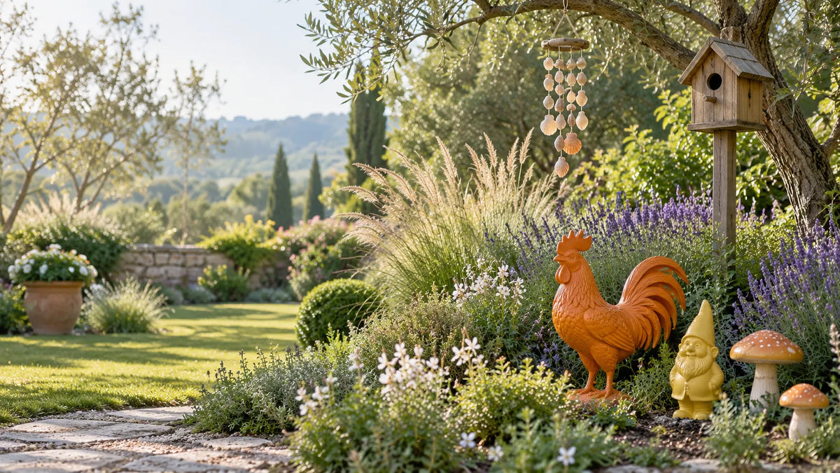 Jardin fleuri avec sculpture de coq orange, nain jaune, champignons décoratifs, nichoir en bois et carillon en coquillages